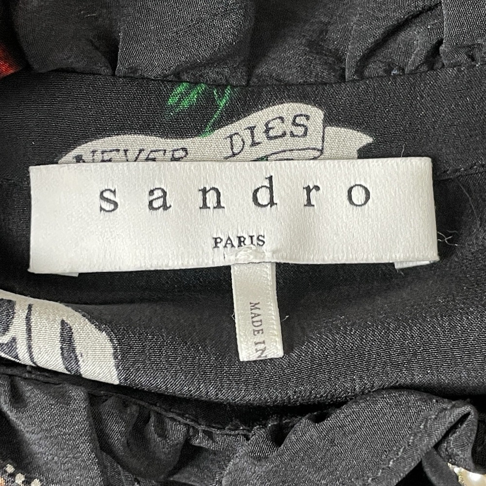 Sandro Whimsical Rock n Roll Silk Dress Size 2 Goth Ruffle Trim Pearl Buttons - Picture 7 of 11